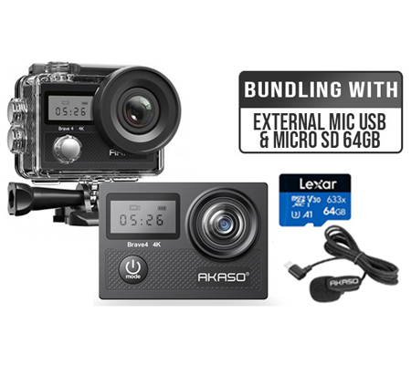 Akaso Brave 4 + External Mic Type C + Lexar Micro SD 64GB 100MB/s 633x