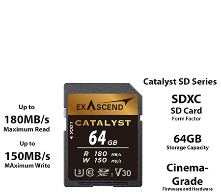 Exascend Catalyst SDXC 64GB UHS-I V30 (Read 180MB/s and Write 150MB/s)