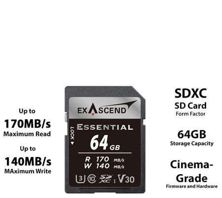 Exascend Essential SDXC 64GB UHS-I V30 (Read 170MB/s and Write 140MB/s)