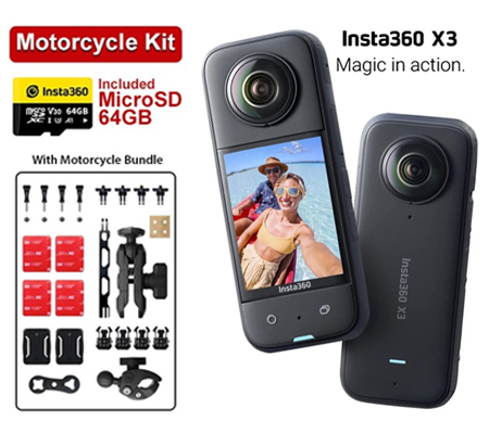 Insta360 X3 camera with Motorcycle bundle, Invisible selfie stick, Lens  guard & SD card