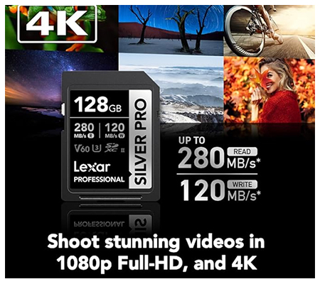 Lexar SDXC 128GB Professional Silver PRO UHS-II V60 (Read 280MB/s and Write 120MB/s)
