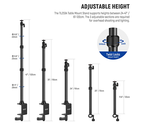 Neewer TL253A + DS001 Table Top Overhead Camera Desk Mount Stand