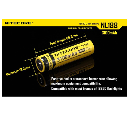 Nitecore 18650 Li-ion Rechargeable Battery 3100mAh NL188