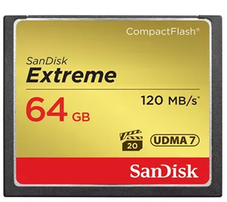 SanDisk CF Extreme 64GB UDMA 7 (Read 120MB/s and Write 85MB/s).