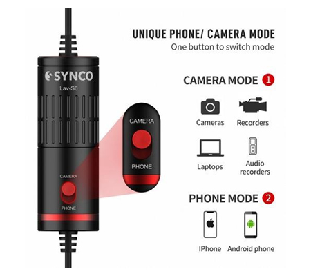 Synco Lav-S6 Omnidirectional Lavalier Microphone for Camera / Smartphones / Camcorders