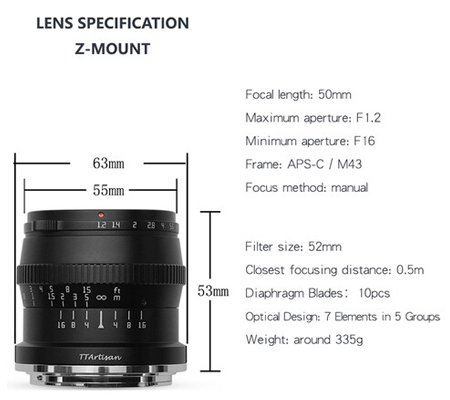 TTArtisan 50mm f/1.2 for Nikon Z Mount APSC Black