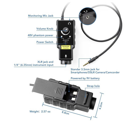 thumbnail image 2 of Saramonic Smartrig II XLR Microphone & Guitar Adapter - Phantom Power Preamp For Smartphones 2 of 5