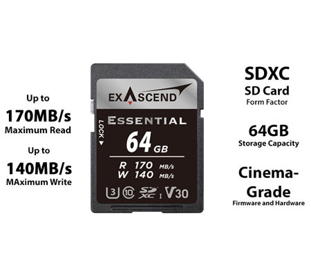 Exascend Essential SDXC 64GB UHS-I V30 (Read 170MB/s and Write 140MB/s)