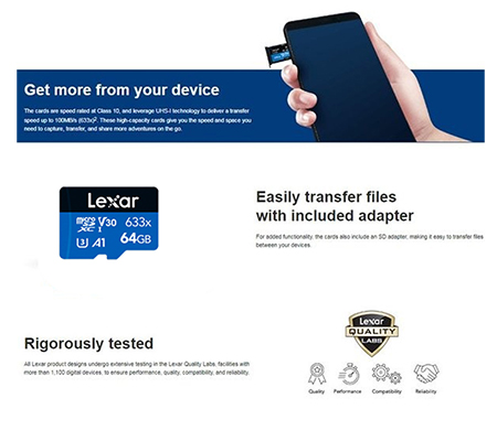 Lexar Micro SDXC 64GB 633x UHS-I V30 (Read 100MB/s and Write 45MB/s)