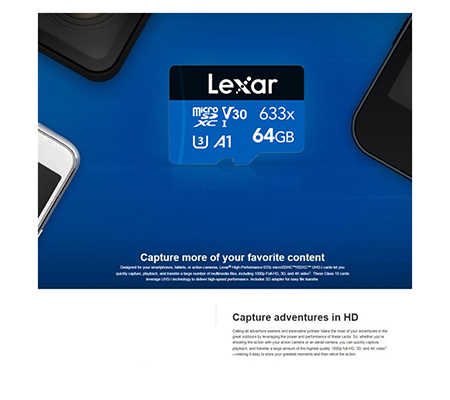 Lexar Micro SDXC 64GB 633x UHS-I V30 (Read 100MB/s and Write 45MB/s)