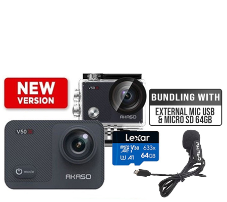 Akaso V50 X Action Camera New Version +  External Mic USB + Lexar Micro SD 64GB 100MB/s